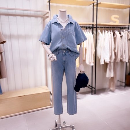 포켓 포인트 연청 데님 반팔 셔츠