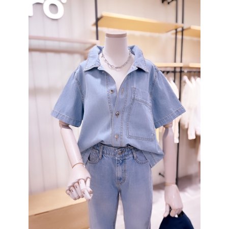 포켓 포인트 연청 데님 반팔 셔츠