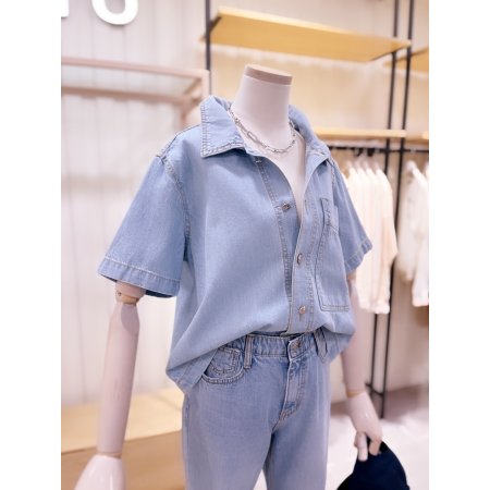 포켓 포인트 연청 데님 반팔 셔츠