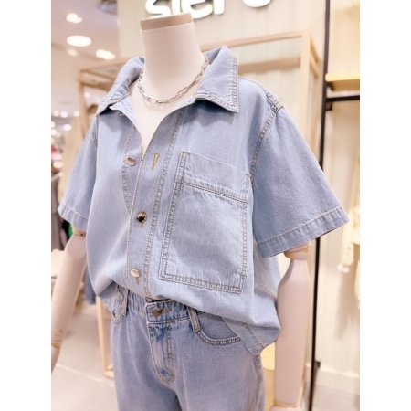 포켓 포인트 연청 데님 반팔 셔츠