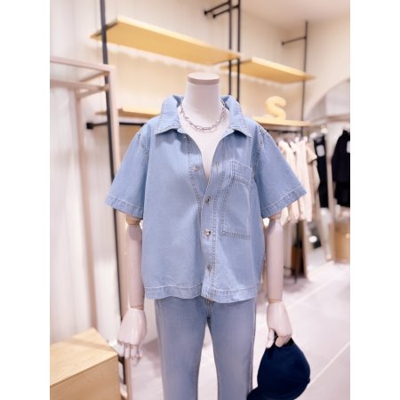 포켓 포인트 연청 데님 반팔 셔츠