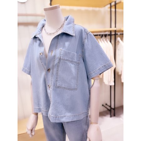 포켓 포인트 연청 데님 반팔 셔츠