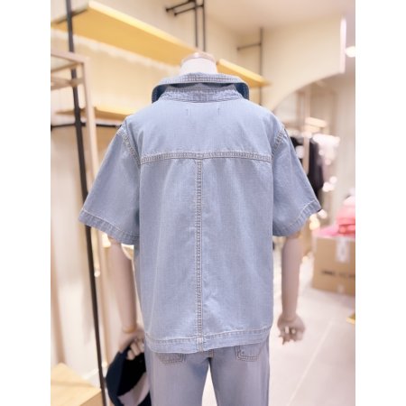 포켓 포인트 연청 데님 반팔 셔츠