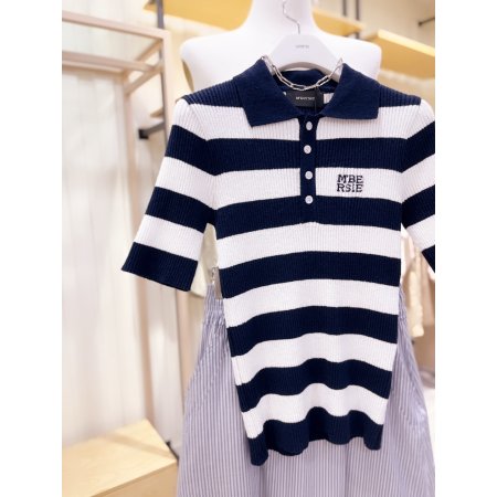 자카드 레터링 단가라 반팔 카라 니트