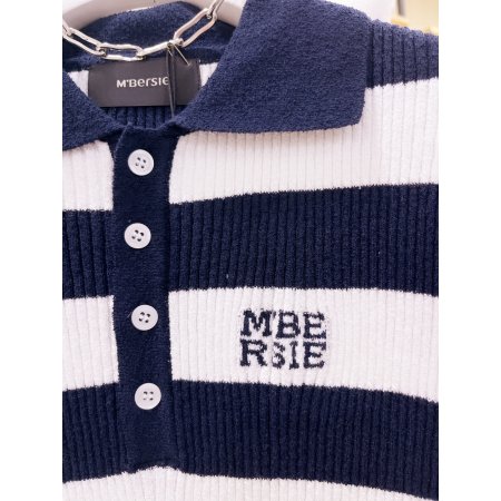 자카드 레터링 단가라 반팔 카라 니트