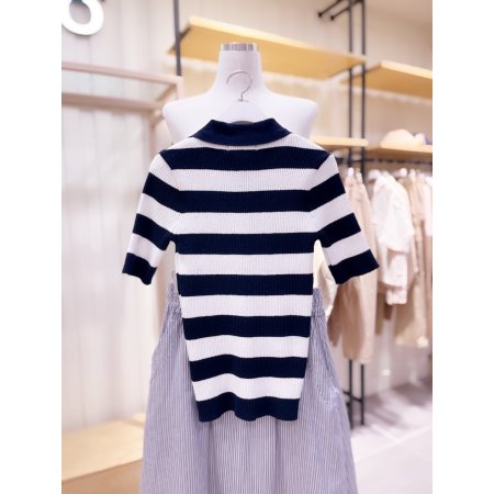 자카드 레터링 단가라 반팔 카라 니트