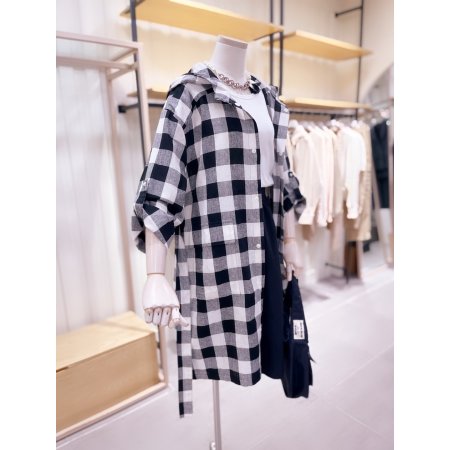 체크패턴 홑겹 후드 린넨 점퍼