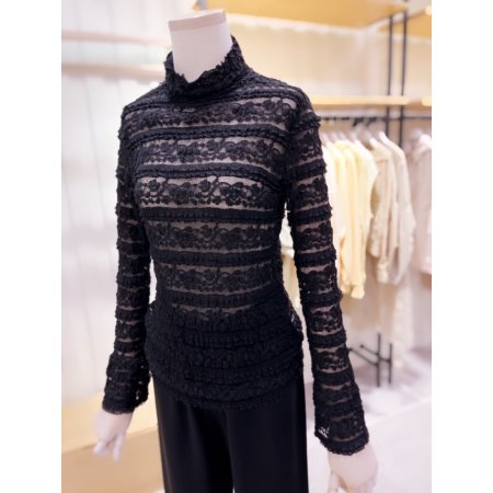 네크 소매 러플 레이스 블라우스