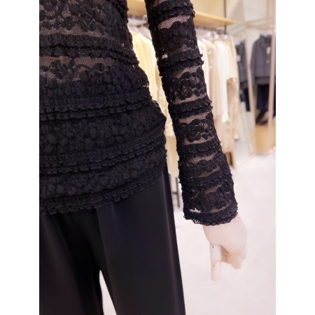 네크 소매 러플 레이스 블라우스