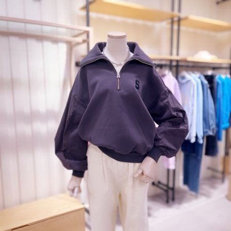 우븐배색 속기모 반집업 카라 맨투맨