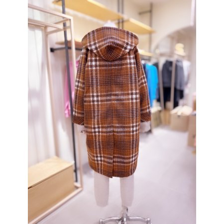 포켓 체크 후드 롱 코트