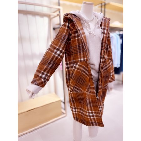 포켓 체크 후드 롱 코트