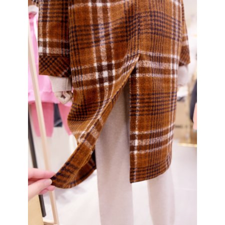 포켓 체크 후드 롱 코트