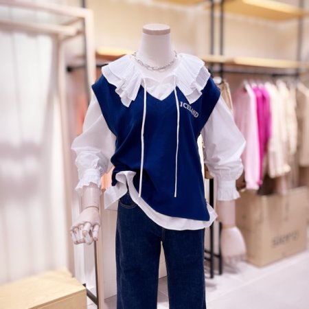 자수 숏기장 브이넥 니트 조끼