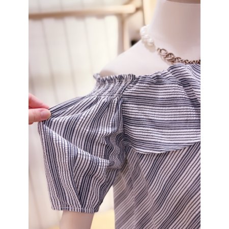 스트라이프 스모킹 오프숄더 블라우스