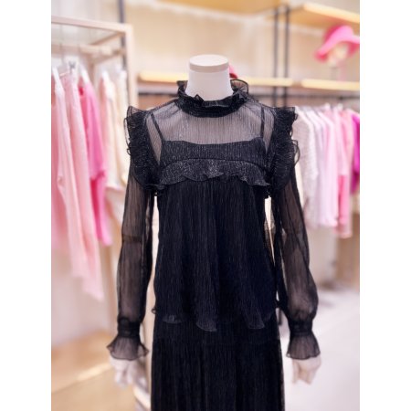 메탈주름지 하이넥 러플 블라우스