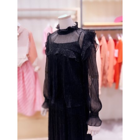 메탈주름지 하이넥 러플 블라우스