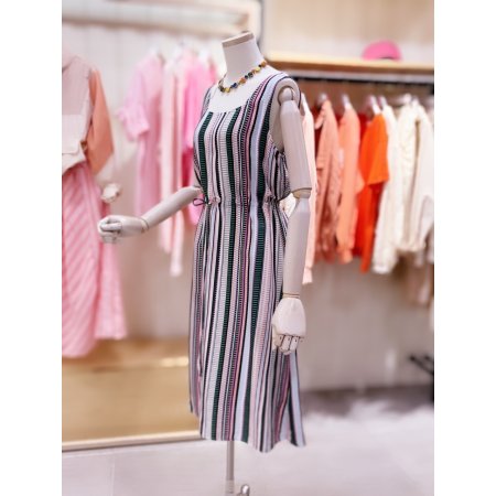 허리 스트링 미디 스트라이프 원피스