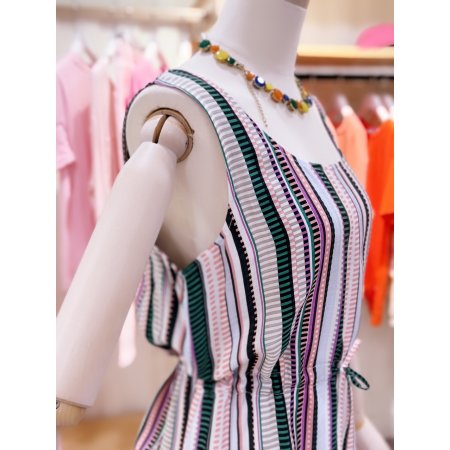 허리 스트링 미디 스트라이프 원피스