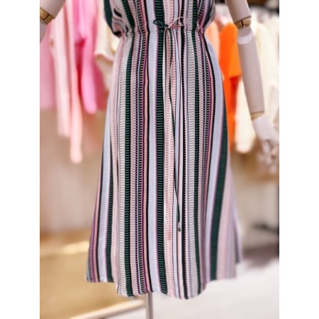 허리 스트링 미디 스트라이프 원피스