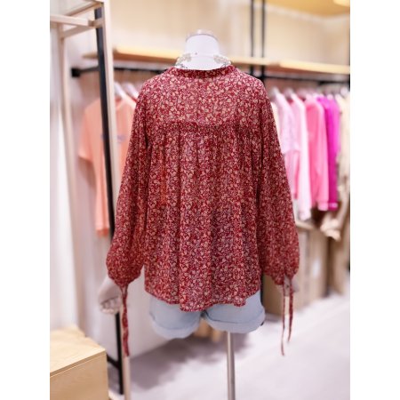 쉬폰 셔링 볼륨 소매 블라우스