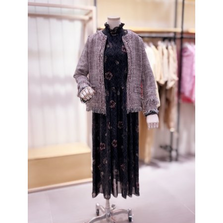 하이넥 러플 플라워 프린트 원피스