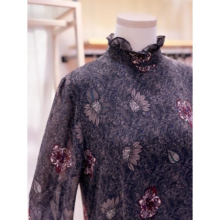 하이넥 러플 플라워 프린트 원피스