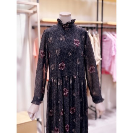 하이넥 러플 플라워 프린트 원피스