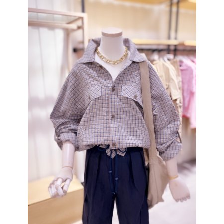 밑단 스트링 포인트 체크 셔츠