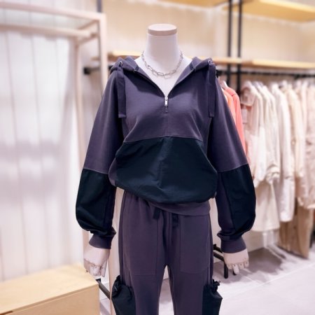 우븐 배색 믹스 반짚업 후드 티셔츠