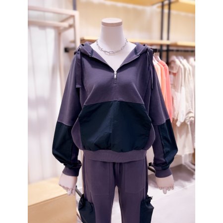 우븐 배색 믹스 반짚업 후드 티셔츠