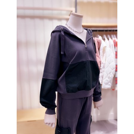 우븐 배색 믹스 반짚업 후드 티셔츠