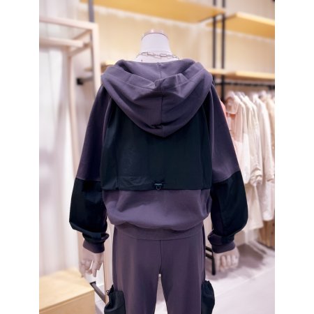 우븐 배색 믹스 반짚업 후드 티셔츠