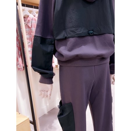 우븐 배색 믹스 반짚업 후드 티셔츠