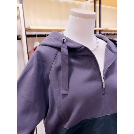 우븐 배색 믹스 반짚업 후드 티셔츠