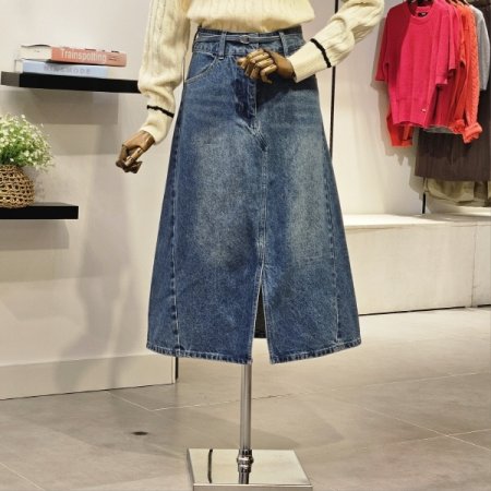 벨티드 슬릿 데님 스커트