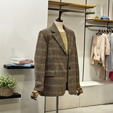 원 버튼 체크 배색 자켓