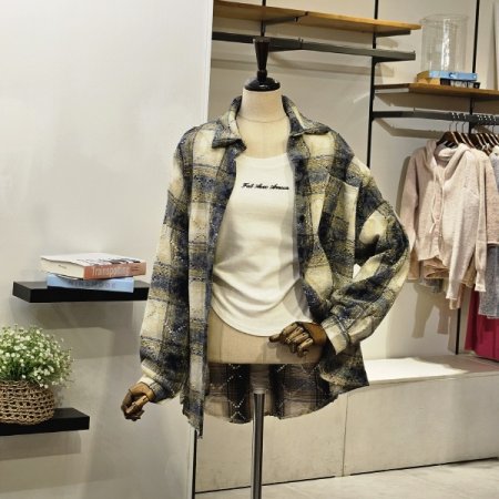 유니크 루즈핏 기모 체크 셔츠