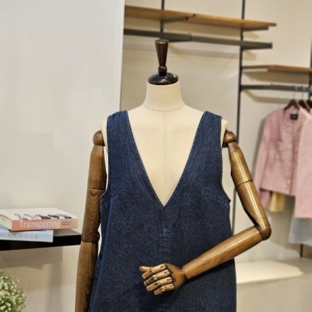 브이넥 데님 미니 원피스