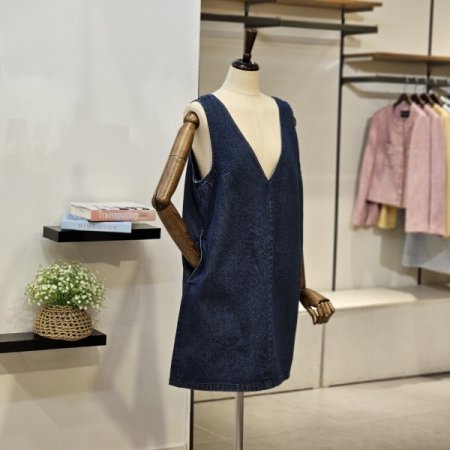 브이넥 데님 미니 원피스