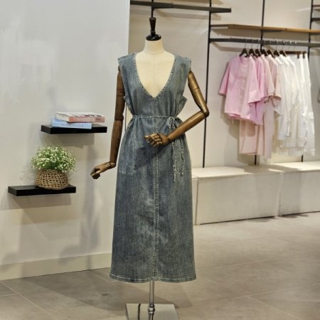 브이 데님 롱 원피스