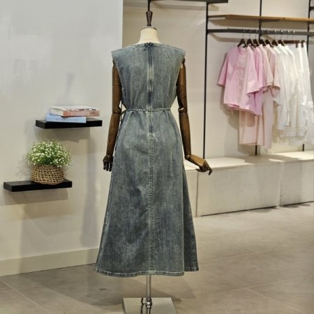 브이 데님 롱 원피스