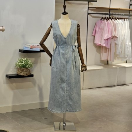 브이 데님 롱 원피스