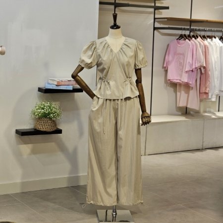 브이넥 블라우스 바지 세트