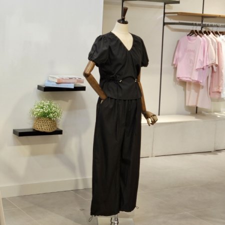 브이넥 블라우스 바지 세트