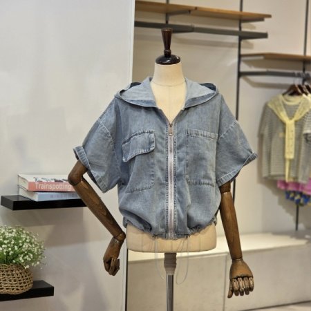 후드 스트링 데님 자켓