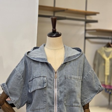 후드 스트링 데님 자켓