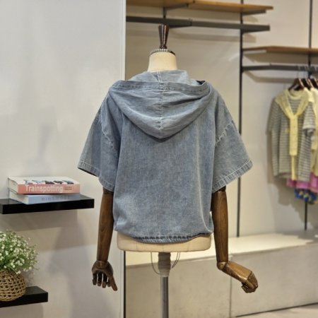 후드 스트링 데님 자켓