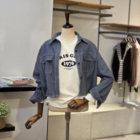 스트라이프 언발 데님 셔츠