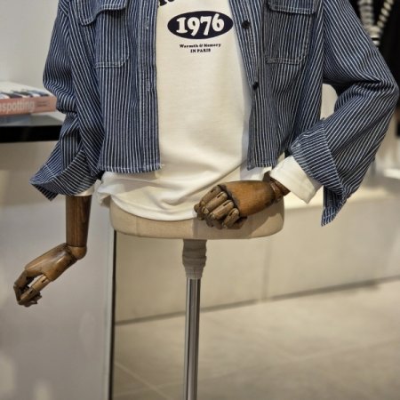 스트라이프 언발 데님 셔츠